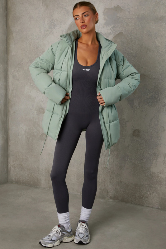 Mid Length Hooded Puffer Coat in Iceberg Green - UK Size:L